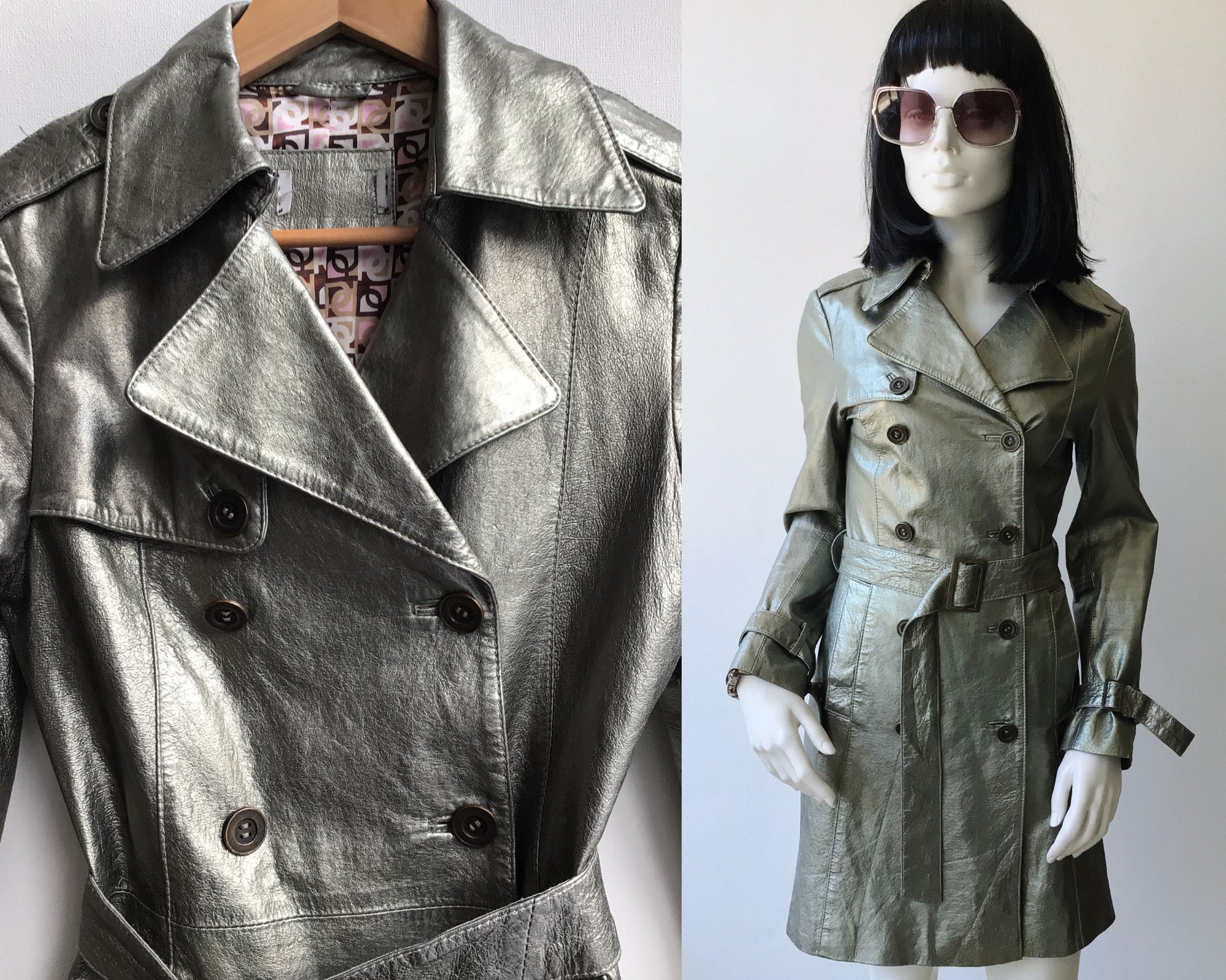 60's Silver Leather Trench Coat, Mod Style Metallic Jacket