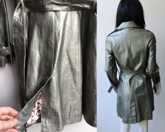60's Silver Leather Trench Coat, Mod Style Metallic Jacket