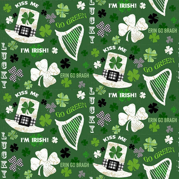 Hello Lucky Irish Motifs & Words by Henry Glass - 9733-66 Green - St. Patricks Day fabric material - 100% Cotton Quilting Fabric