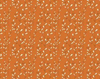 May include: A seamless pattern featuring white stylized branches with small leaves on a burnt orange background.