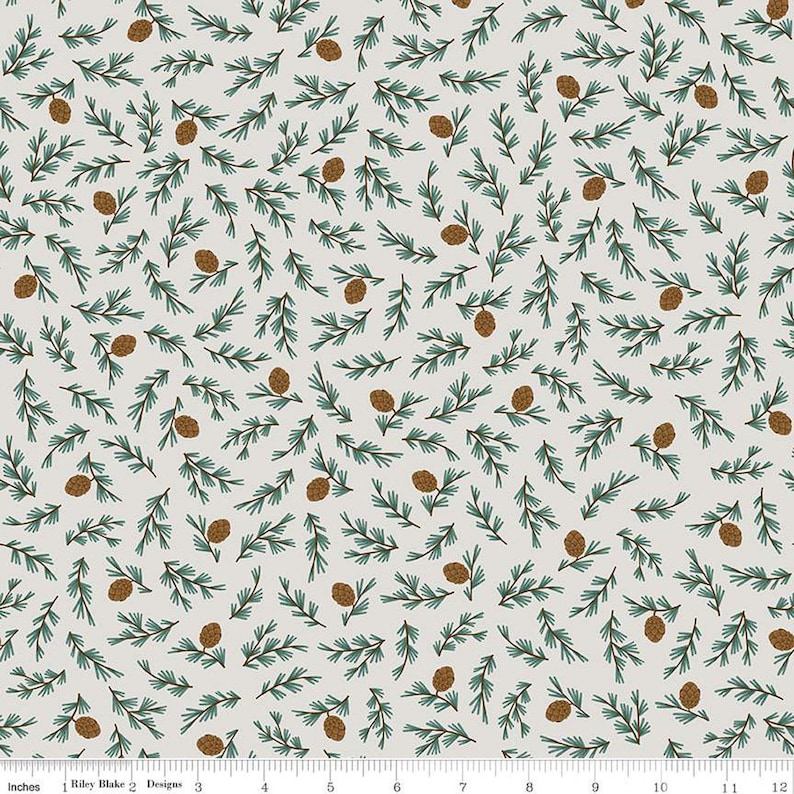 May include: A seamless pattern featuring a repeating design of brown pine cones and teal green pine branches on a light beige background.