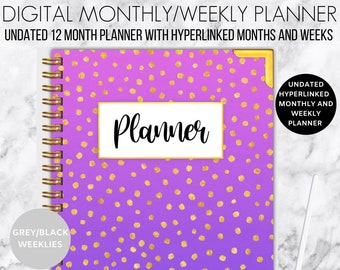 May include: Purple and gold digital planner with gold polka dots and the word "Planner" in white text. The planner is undated and includes 18 different weekly layouts, 9 with a Sunday start and 9 with a Monday start.
