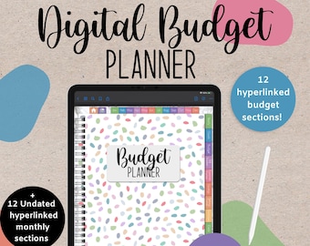 May include: A digital budget planner app on a tablet with a colorful confetti pattern background. The app includes 12 hyperlinked budget sections and 200+ digital stickers.