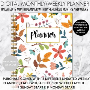 Undated digital weekly planner, portrait planner, undated planner for Goodnotes, monthly weekly planner, minimalistic, simple planner, cute