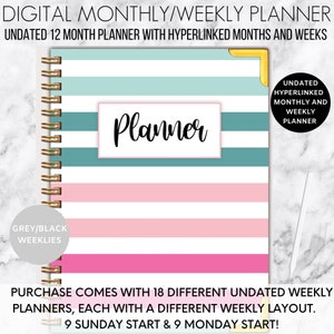 Undated digital weekly planner, portrait planner, undated planner for Goodnotes, monthly weekly planner, minimalistic, simple planner