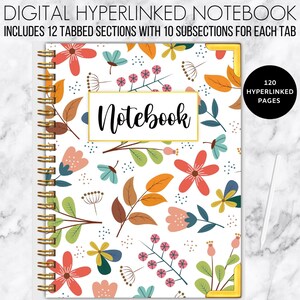 May include: A digital notebook cover featuring a floral pattern in shades of pink, orange, green, and blue. The cover has a gold spiral binding and gold corners. The text "Notebook" is written in black cursive on a gold rectangle. The text "120 HYPERLINKED PAGES" is written in black on a white circle.