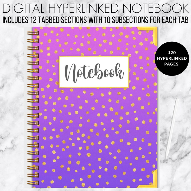 Puede incluir: Un cuaderno digital morado y dorado con un patr&oacute;n de lunares. La portada dice "Notebook" y "120 p&aacute;ginas hipervinculadas".