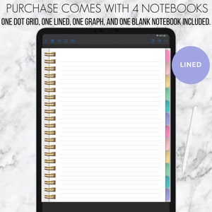 Puede incluir: Una aplicaci&oacute;n de cuaderno digital en la pantalla de una tableta con una p&aacute;gina rayada y un divisor con pesta&ntilde;as de colores. El texto "LINED" es visible en la esquina superior derecha de la imagen.