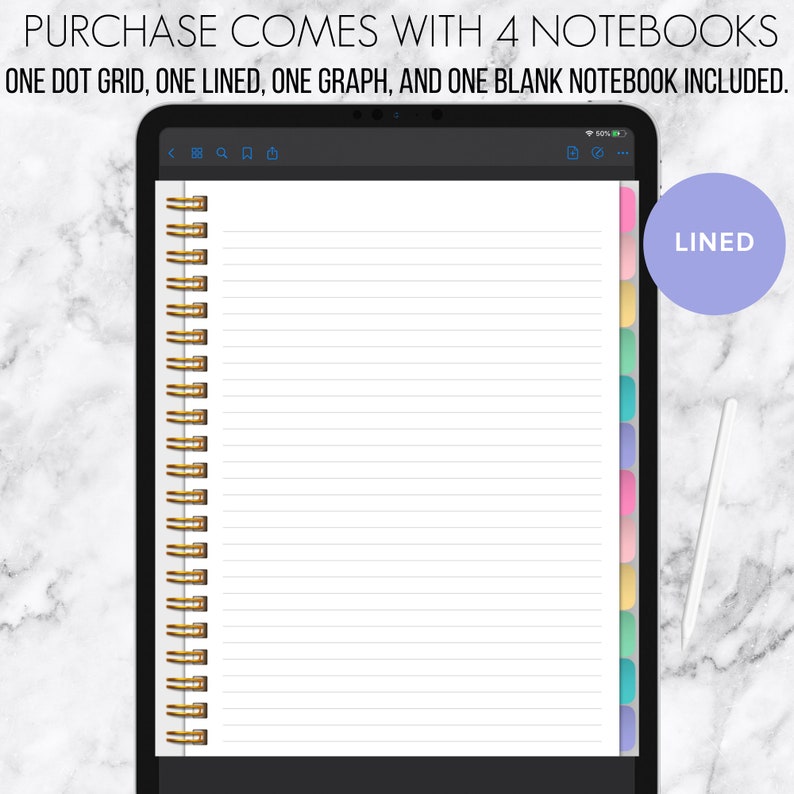 Puede incluir: Una aplicaci&oacute;n de cuaderno digital en la pantalla de una tableta con una p&aacute;gina rayada y un divisor con pesta&ntilde;as de colores. El texto "LINED" es visible en la esquina superior derecha de la imagen.