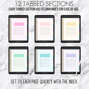 Puede incluir: Seis pantallas de tabletas digitales que muestran un planificador con 12 secciones con pesta&ntilde;as. Cada secci&oacute;n tiene su propio &iacute;ndice para facilitar su uso. El texto "12 SECCIONES CON PESTA&Ntilde;AS" y "CADA SECCI&Oacute;N CON PESTA&Ntilde;AS TIENE SU PROPIO &Iacute;NDICE PARA FACILITAR SU USO." se muestra en la parte superior de la imagen. El texto "ACCEDA R&Aacute;PIDAMENTE A CADA P&Aacute;GINA CON EL &Iacute;NDICE" se muestra en la parte inferior de la imagen.