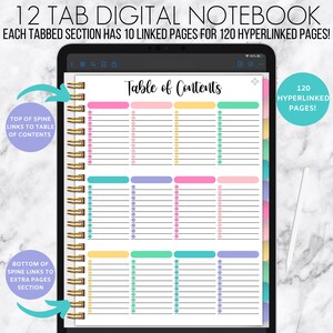 Puede incluir: Una interfaz de aplicaci&oacute;n de cuaderno digital con una tabla de contenido. La tabla de contenido tiene 12 secciones, cada una con 10 p&aacute;ginas enlazadas para un total de 120 p&aacute;ginas. La aplicaci&oacute;n tiene una columna vertebral colorida con pesta&ntilde;as para cada secci&oacute;n. El texto "120 P&Aacute;GINAS HIPERVINCULADAS!" se muestra en la esquina superior derecha.