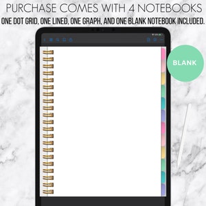 Puede incluir: Una tableta digital que muestra una p&aacute;gina en blanco con una encuadernaci&oacute;n en espiral dorada en el lado izquierdo. El lado derecho de la pantalla muestra un divisor con pesta&ntilde;as de colores con la palabra "BLANK" en un c&iacute;rculo verde.