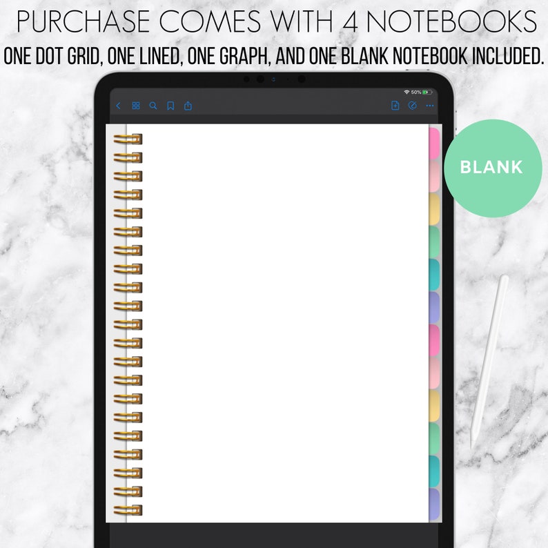 Puede incluir: Una tableta digital que muestra una p&aacute;gina en blanco con una encuadernaci&oacute;n en espiral dorada en el lado izquierdo. El lado derecho de la pantalla muestra un divisor con pesta&ntilde;as de colores con la palabra "BLANK" en un c&iacute;rculo verde.