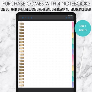 Puede incluir: Un cuaderno digital blanco con una encuadernaci&oacute;n en espiral dorada. El cuaderno tiene un patr&oacute;n de cuadr&iacute;cula punteada y un divisor con pesta&ntilde;as de colores en el lado derecho. El texto "DOT GRID" es visible en la esquina superior derecha de la imagen.
