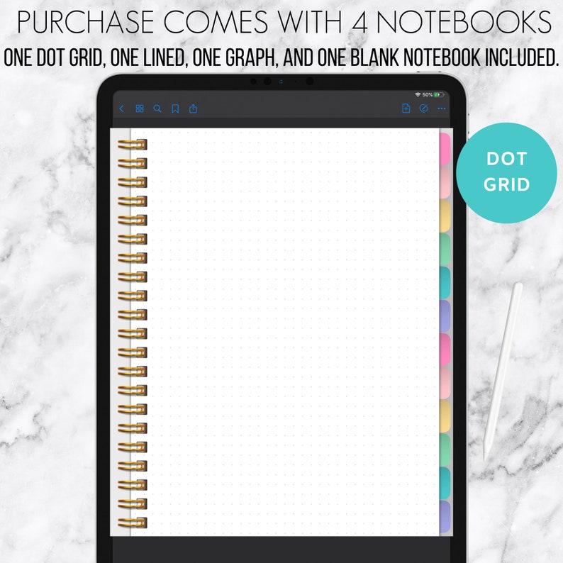 Puede incluir: Un cuaderno digital blanco con una encuadernaci&oacute;n en espiral dorada. El cuaderno tiene un patr&oacute;n de cuadr&iacute;cula punteada y un divisor con pesta&ntilde;as de colores en el lado derecho. El texto "DOT GRID" es visible en la esquina superior derecha de la imagen.