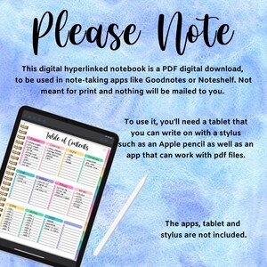 Puede incluir: Un cuaderno digital hipervinculado en formato PDF. El cuaderno se muestra en una tableta con un l&aacute;piz digital. El cuaderno tiene una tabla de contenido con categor&iacute;as como "Finanzas", "Limpieza", "Trabajo", "Esencial", "Ni&ntilde;os", "M&eacute;dico", "Mascotas", "Recetas", "Aprendizaje", "Escritura", "Ideas", "Viajes" y "Otro". El texto "Por favor, tenga en cuenta" est&aacute; en la parte superior de la imagen. El texto "Este cuaderno digital hipervinculado es una descarga digital PDF, para ser utilizado en aplicaciones de toma de notas como Goodnotes o Noteshelf. No est&aacute; destinado a la impresi&oacute;n y no se le enviar&aacute; nada por correo." est&aacute; debajo del t&iacute;tulo. El texto "Para usarlo, necesitar&aacute; una tableta en la que pueda escribir con un l&aacute;piz digital como un Apple Pencil, as&iacute; como una aplicaci&oacute;n que pueda funcionar con archivos PDF." est&aacute; en el lado derecho de la imagen. El texto "Las aplicaciones, la tableta y el l&aacute;piz digital no est&aacute;n incluidos." est&aacute; en la parte inferior de la imagen.