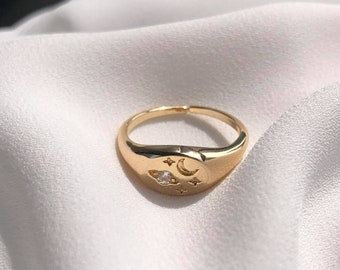 18k Gold Plated Saturn and Moon Gold Signet, Moon and Stars Ring, Gold Celestial Ring