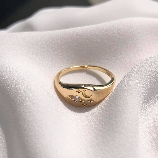 18k Gold Plated Saturn and Moon Gold Signet, Moon and Stars Ring, Gold Celestial Ring