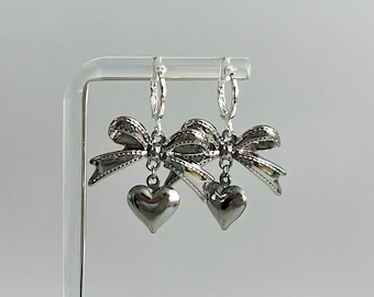 Silver Bow Heart Dangle Earrings | Coquette Jewelry