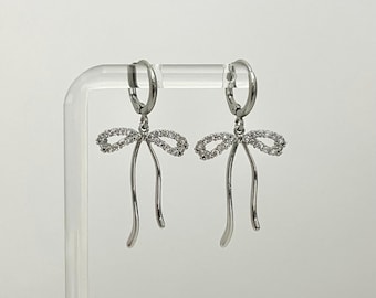 Silver Crystal Bow Earrings | Coquette Stainless Steel Hooks