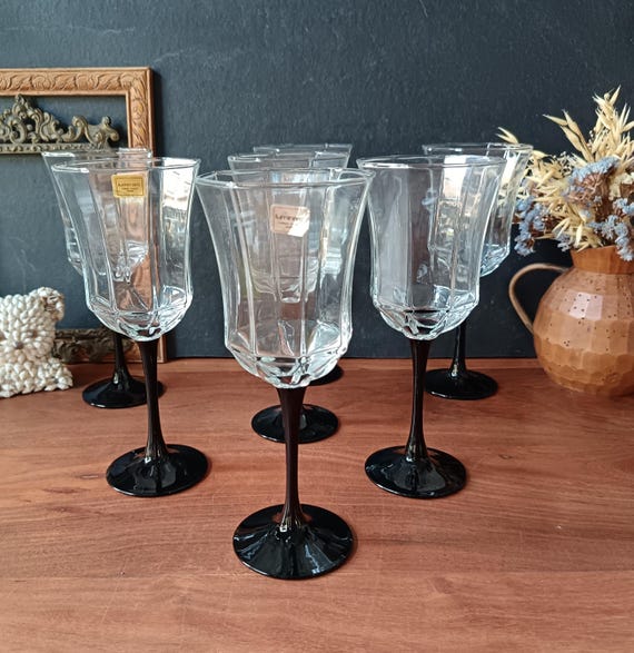 7 Luminarc „Octime“ Stielgläser, 26 cl, Vintage-Stiele in Schwarz, Frankreich