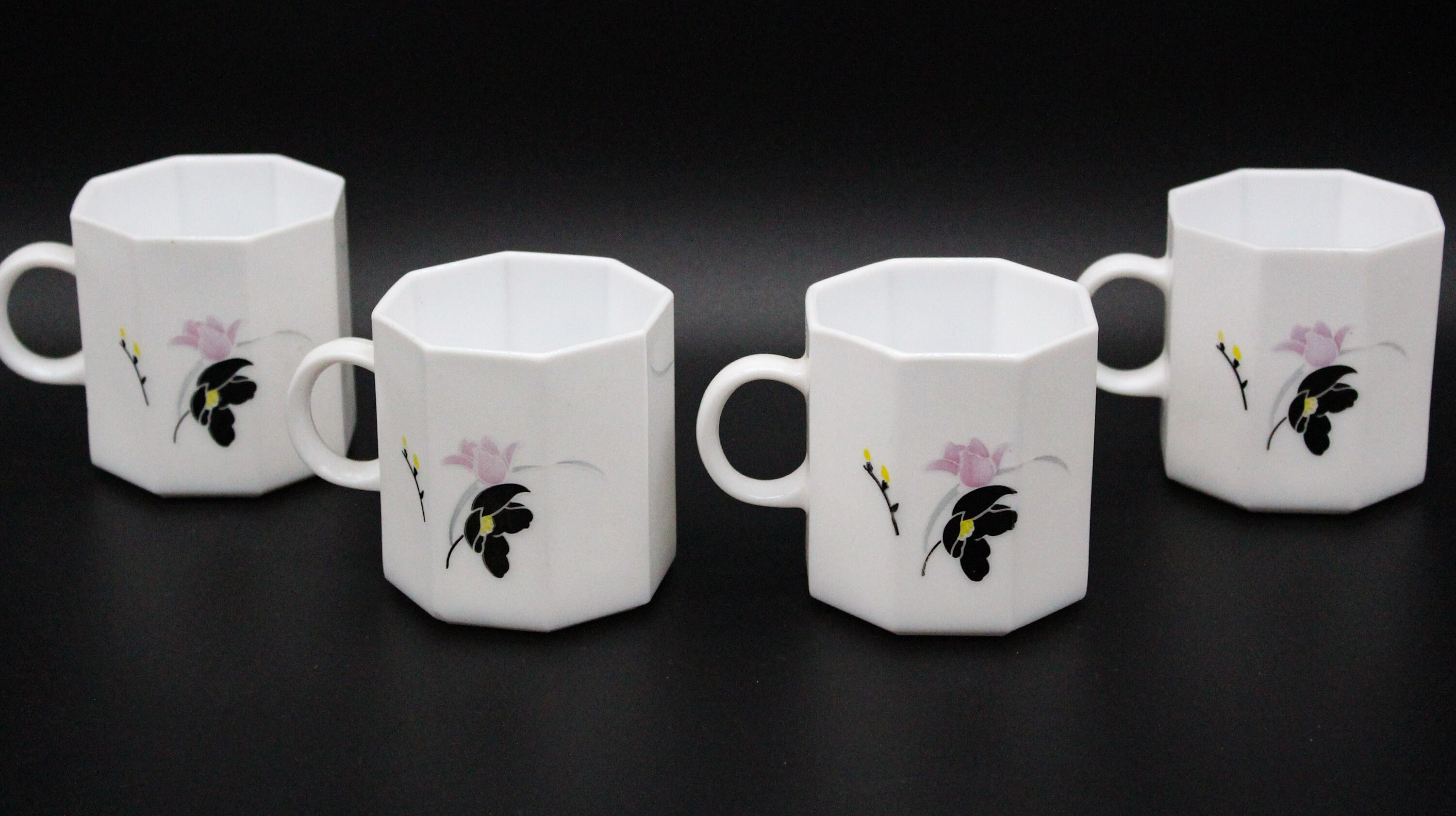 4 Tasses Opaline Français Vintage Arcoroc Modèle Octime Blanc Anaïs, Années 80