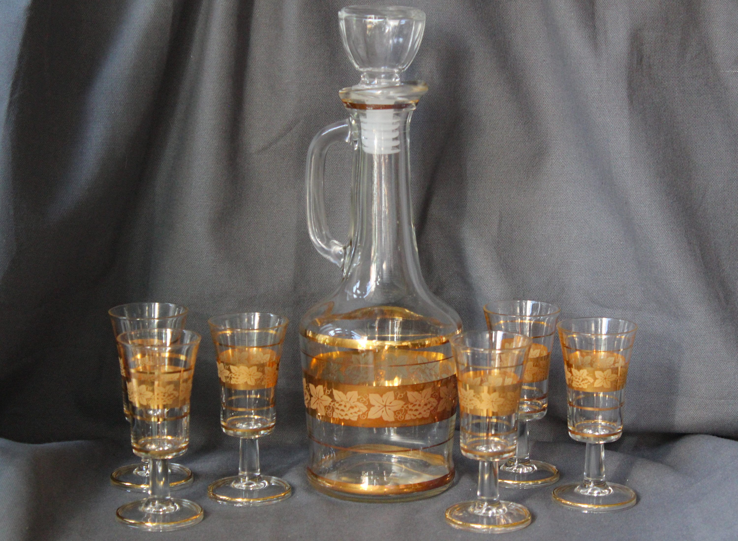 Service à Liqueur Vintage, Décor Or et Fleurs, 6 Verres Liqueur Carafe Ancienne