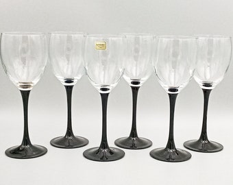 6 glasses, 20 cl, black stem, Vintage France 1980, Luminarc Domino model
