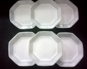 6 NOVOCTIME Arcopal vintage white dessert PLATES with black lines decor