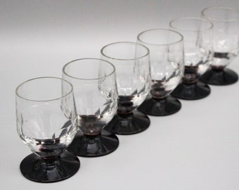 6 antique glasses with black stems, Vintage France 1940