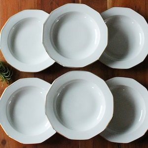 6 deep white porcelain PLATES with vintage gold edging