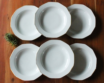 6 ASSIETTES creuses porcelaine blanche liseré or vintage