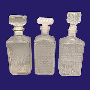 Vintage transparent pressed glass square whiskey CARAFES