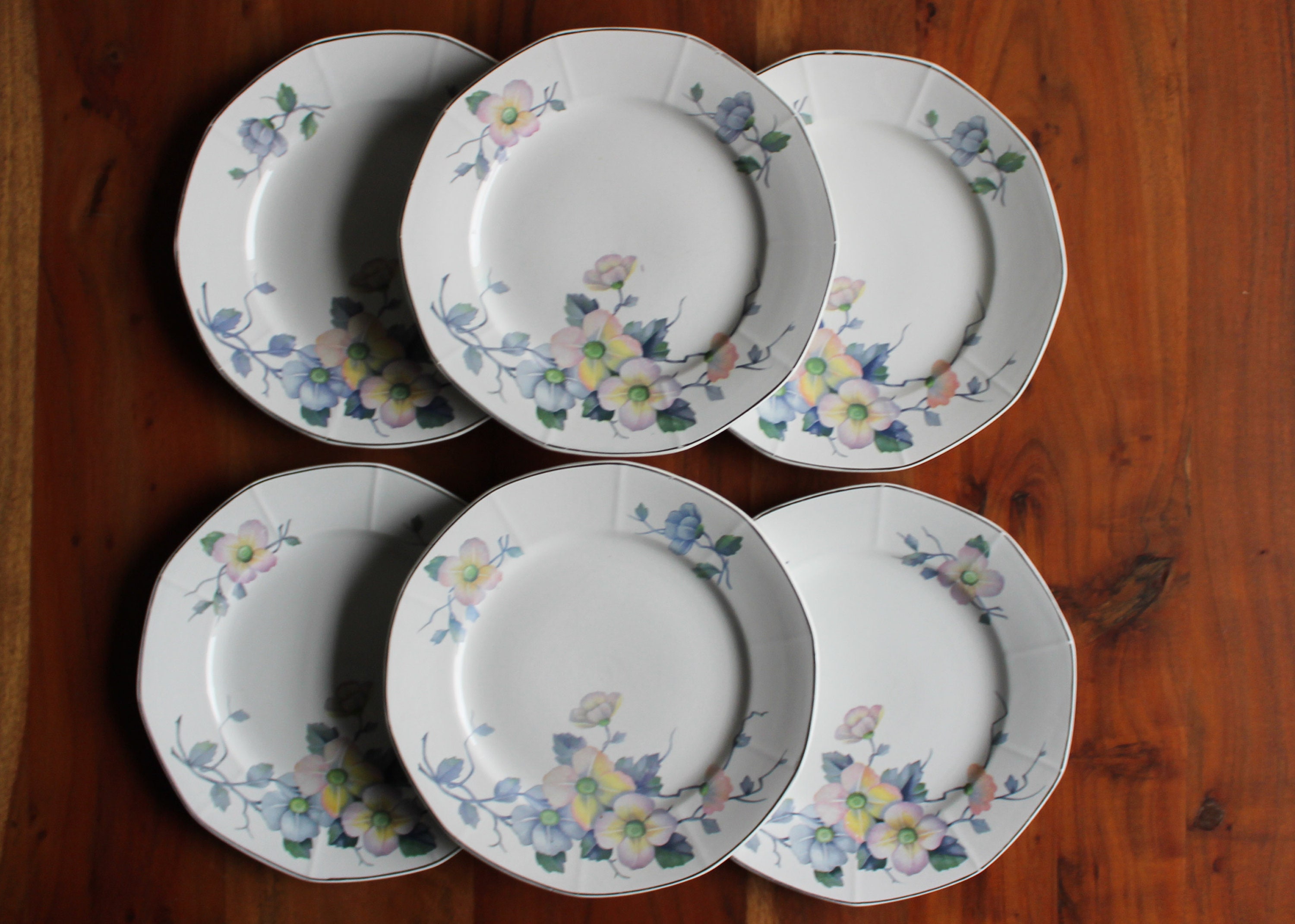 6 Assiettes Plates Porcelaine Blanche Décor Floral Tchécoslovaquie