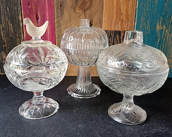 Vintage pressed clear glass candy dish, bird, pineapple