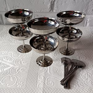 6 Stainless Steel Ice Cream Cups, France 70s, Set of 6 Letang Remy Cups with Spoons