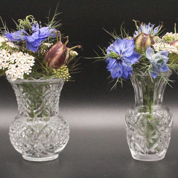 Duo MINI-VASES French vintage pressed glass, transparent