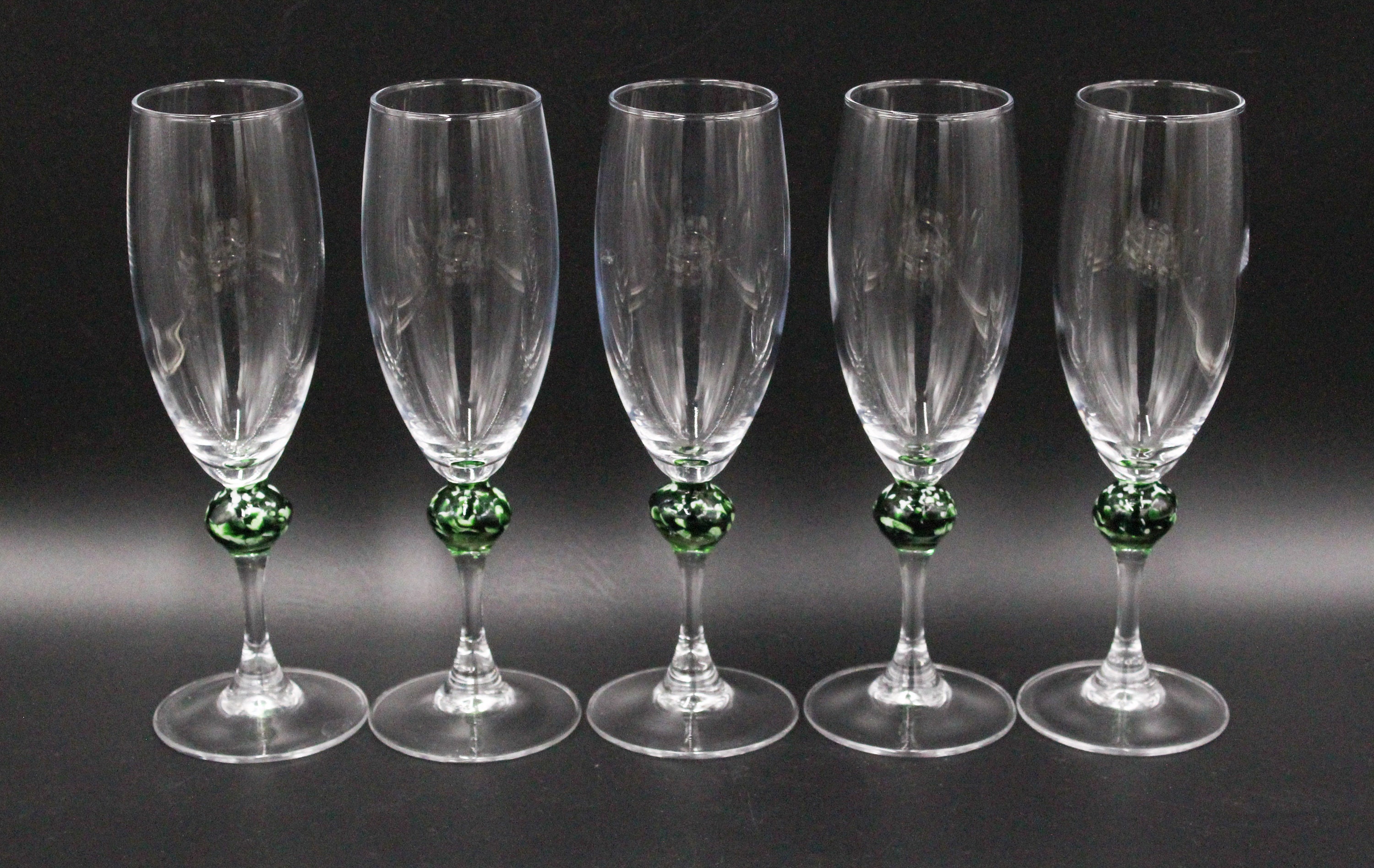 5 Flûtes Verre Transparent Boule Vert Vintage