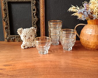 6 glasses, 10 cl, star-shaped base with vintage gold rim, pressed clear glass