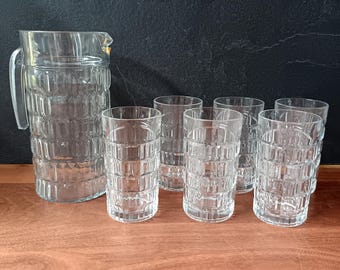 Orangeade glass service, 1970s, 6 glasses and vintage Luminarc pitcher