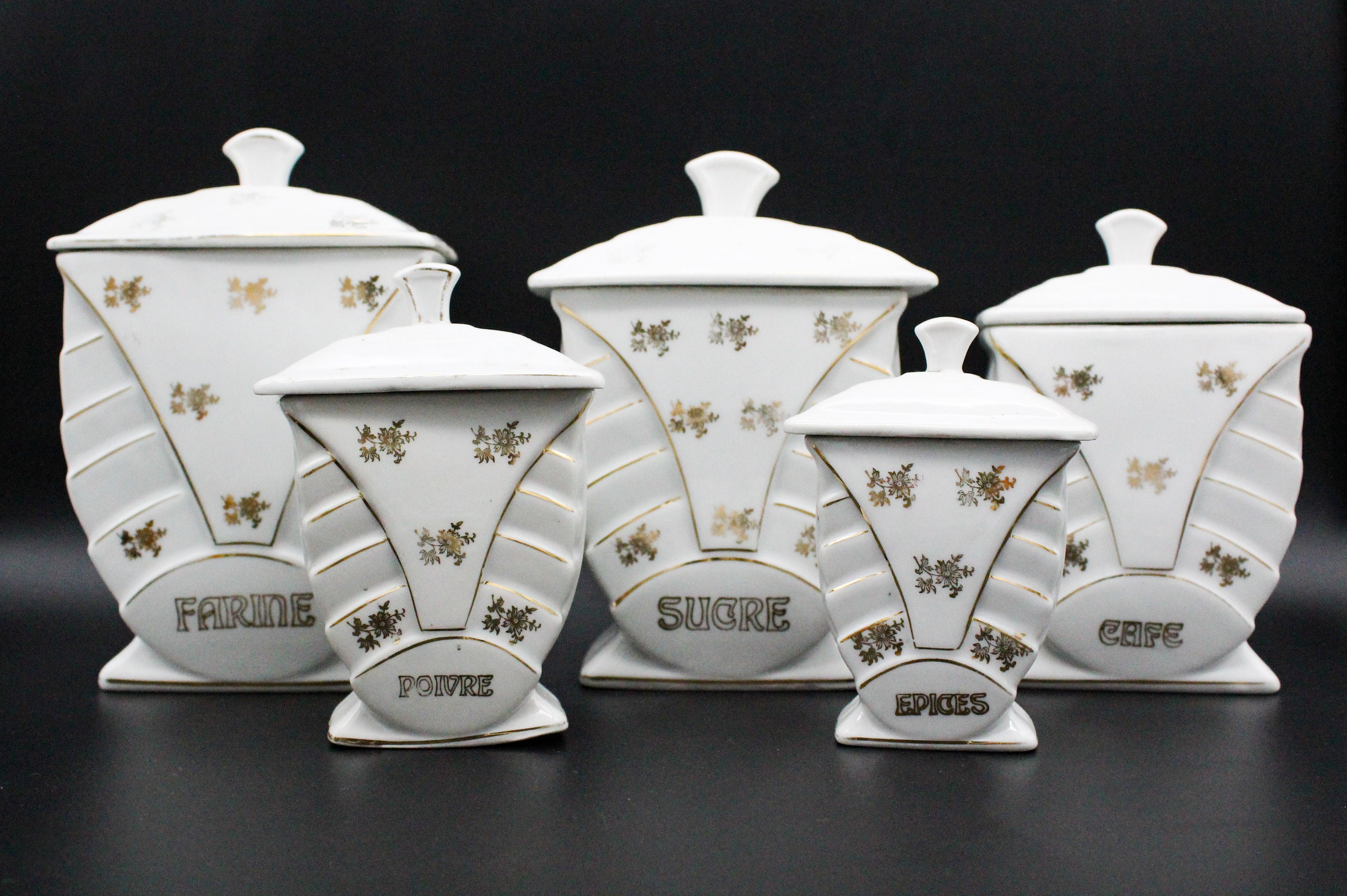 5 Pots à Epices Français Porcelaine Vintage