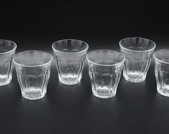 Seis pequeños vasos de agua vintage de vidrio templado DURALEX de 10 cl.