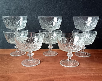 7 vintage clear champagne glasses, VMC Reims, France