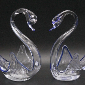 2 SWANS transparent vintage blown glass cobalt blue