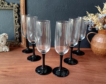 6 Luminarc Domino flutes, black opal stemmed glass, vintage style
