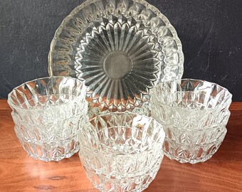Clear glass dessert set, pressed glass salad bowl, vintage France