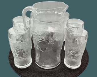 Orangeade service, vintage clear pressed glass, SAVAM Italy