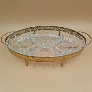 PLAT apéritif vintage 4 compartiments verre et métal doré
