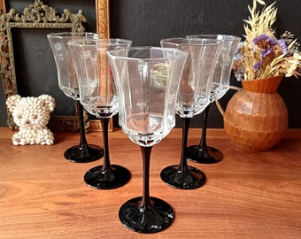 5 Luminarc "Octime" 22cl stemmed glasses, vintage black stems, France