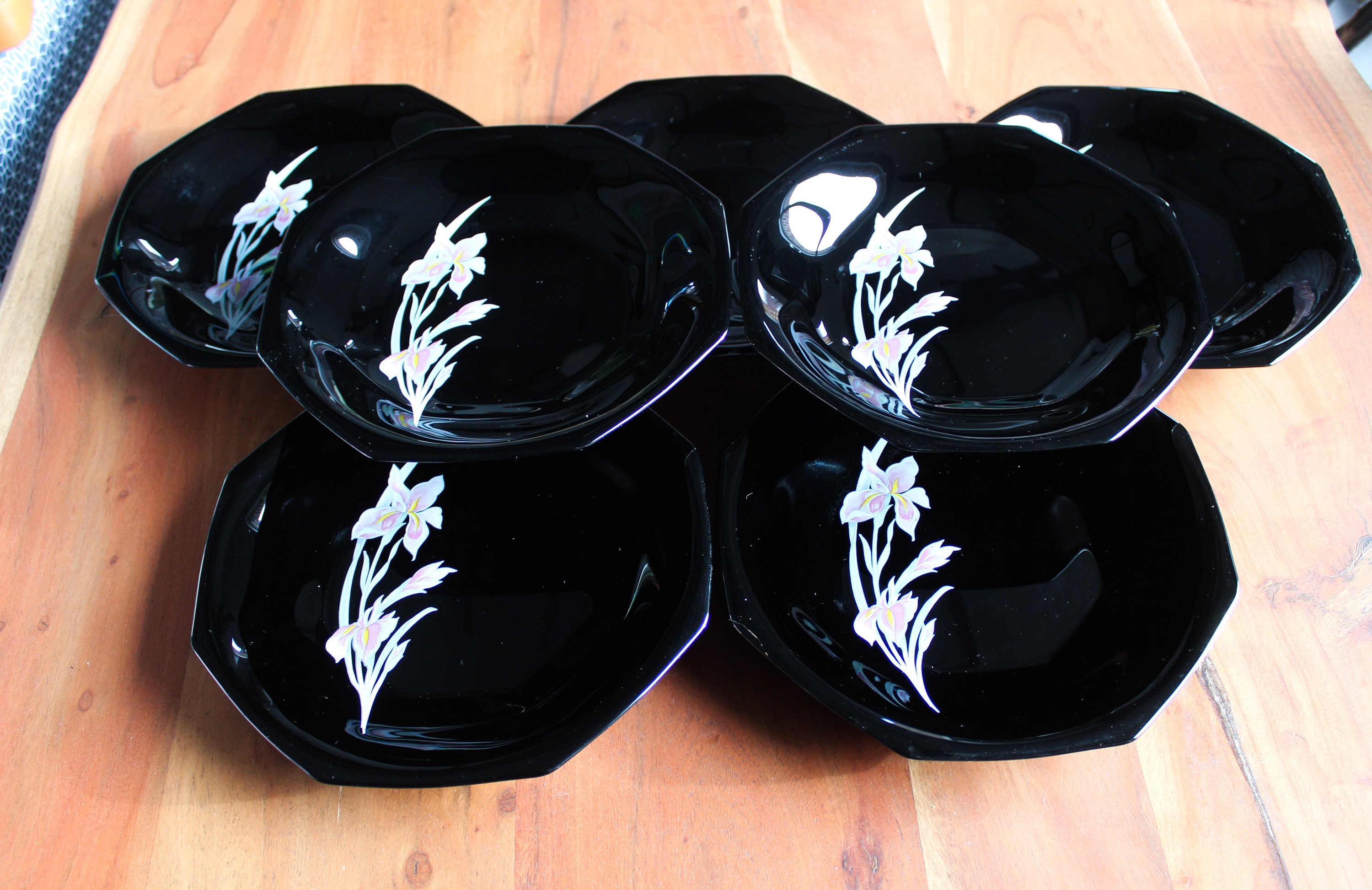 6 Assiettes Creuses Vintage Noires Novoctime Arcopal Motif Borneo